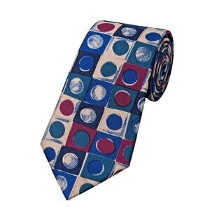 Mens Italian Silk Tie Abstract Geometric Circle Pattern Blue Purple 58" x 3.75"